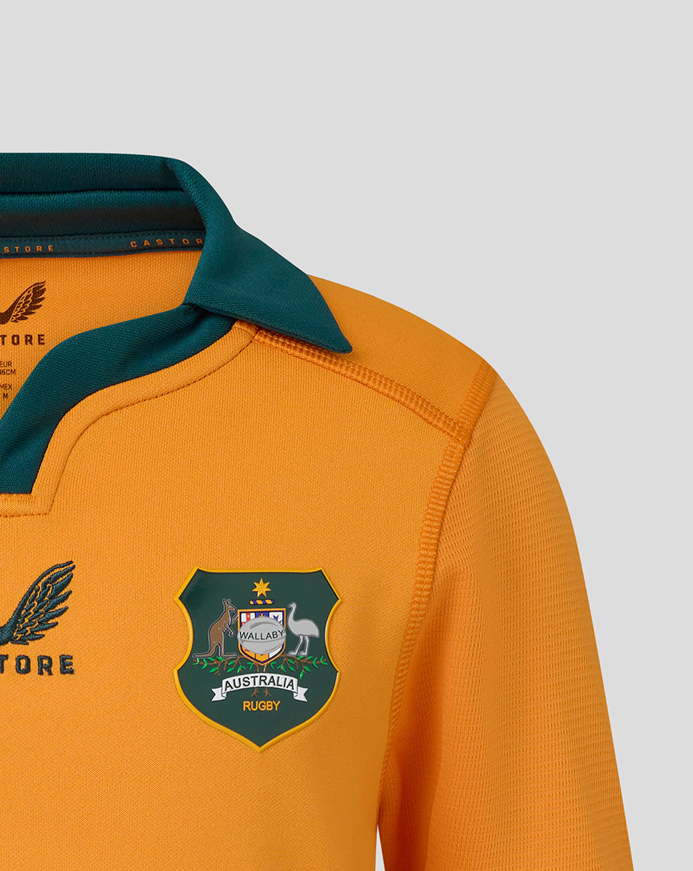Orange rugby jersey with green collar and Australia Rugby emblem on a light gray background
