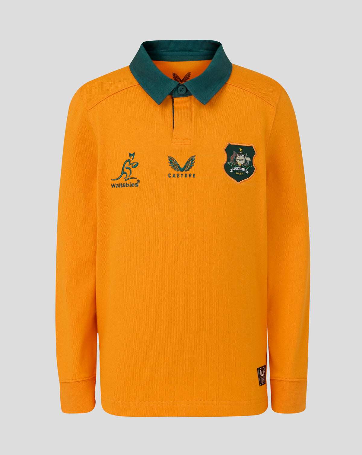 Front view of orange rugby shirt with green collar showing Wallabies crest Castore emblem and chest badge.