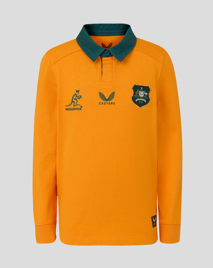 Front view of orange rugby shirt with green collar showing Wallabies crest Castore emblem and chest badge.