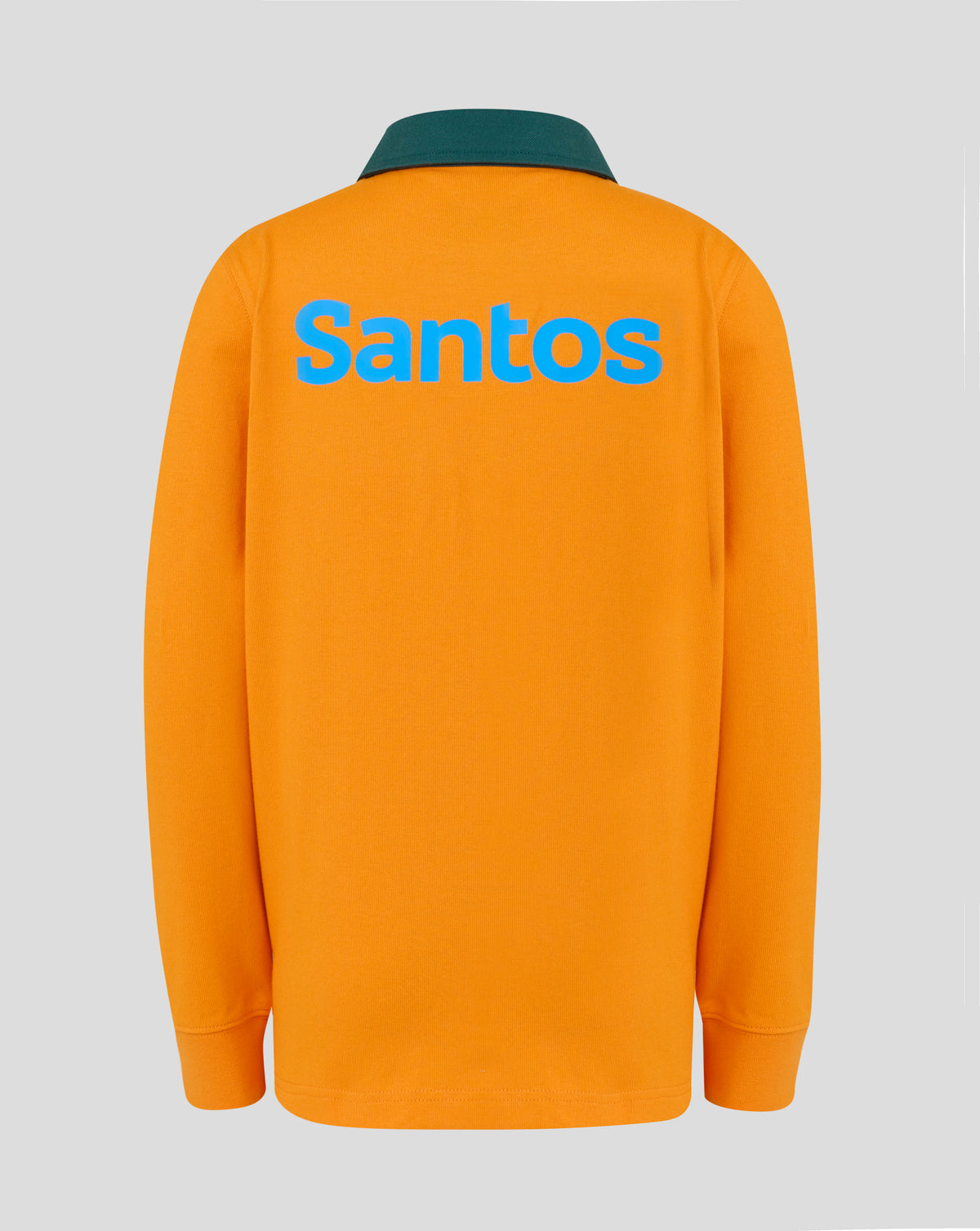 Back view of orange jersey with green collar and large blue Santos lettering across the back.