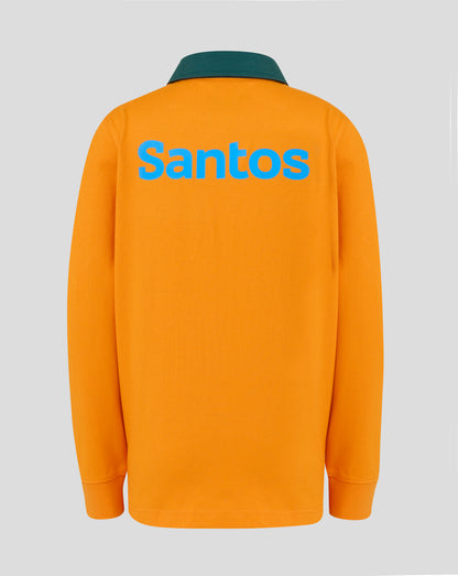 Back view of orange jersey with green collar and large blue Santos lettering across the back.