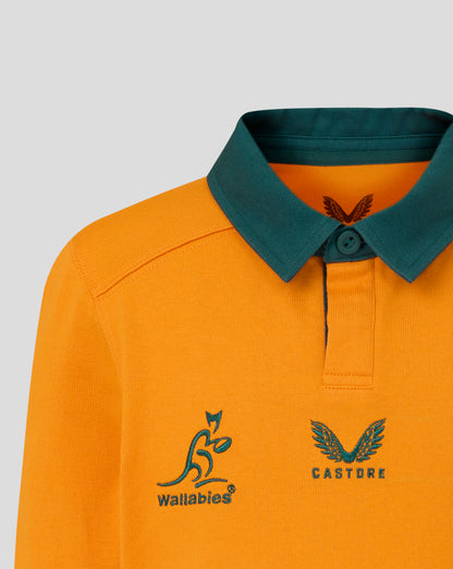 Front view of orange long sleeve rugby shirt with green collar showing Wallabies and Castore logos on chest.