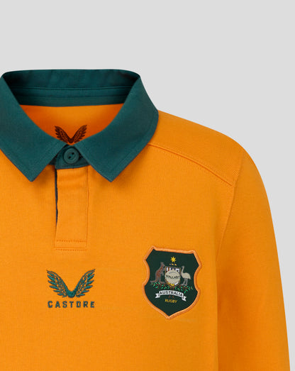Close up of teal collar on orange Rugby Australia junior Wallabies shirt with Castore branding.