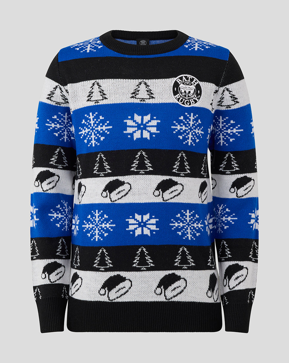 Front view of Bath Rugby junior Christmas jumper in blue black white stripes with snowflakes trees and emblem