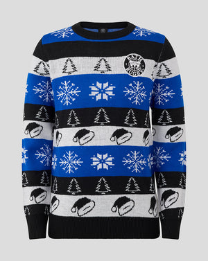 Front view of Bath Rugby junior Christmas jumper in blue black white stripes with snowflakes trees and emblem