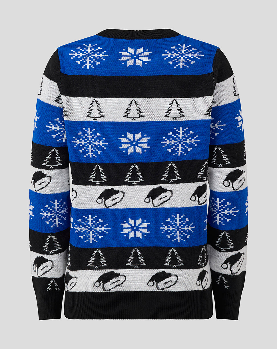 Back view of Bath Rugby junior Christmas jumper with blue black white stripes and snowflake and tree patterns