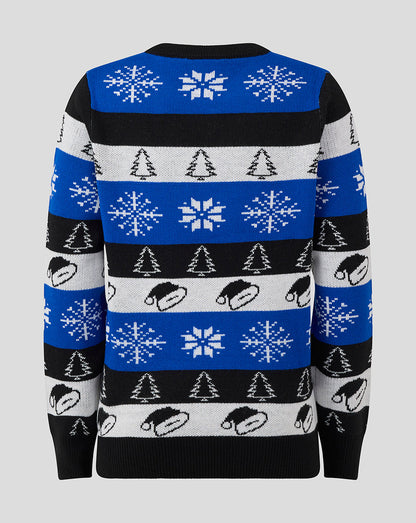 Back view of Bath Rugby junior Christmas jumper with blue black white stripes and snowflake and tree patterns