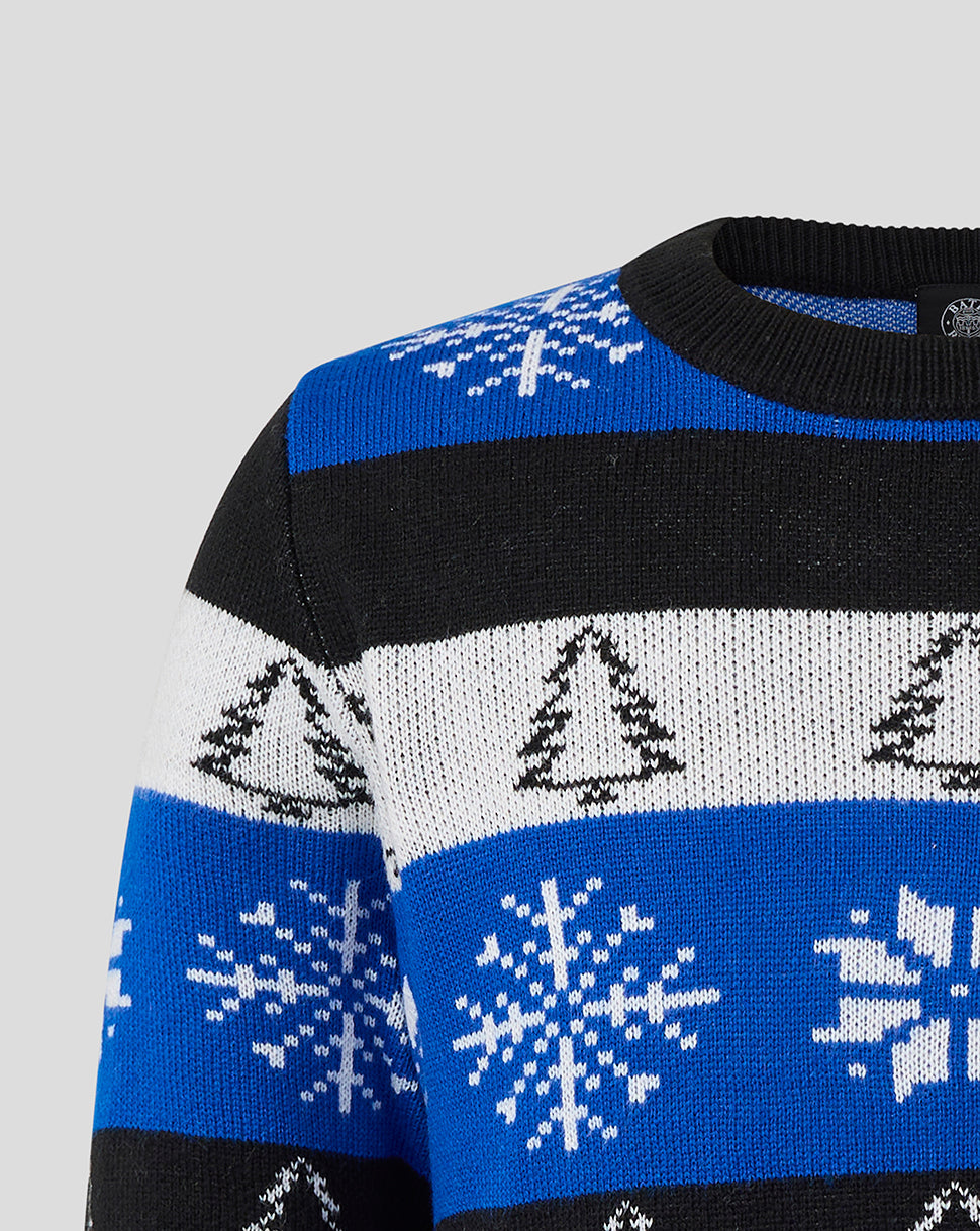 Bath Rugby junior Christmas jumper knit with blue white snowflakes and black stripes