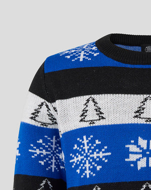 Bath Rugby junior Christmas jumper knit with blue white snowflakes and black stripes
