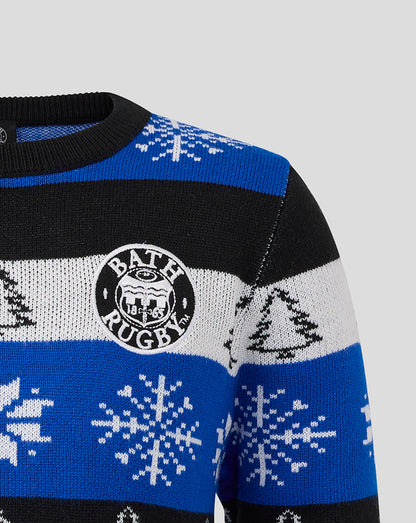 Bath Rugby logo badge on blue black white striped Christmas jumper shoulder