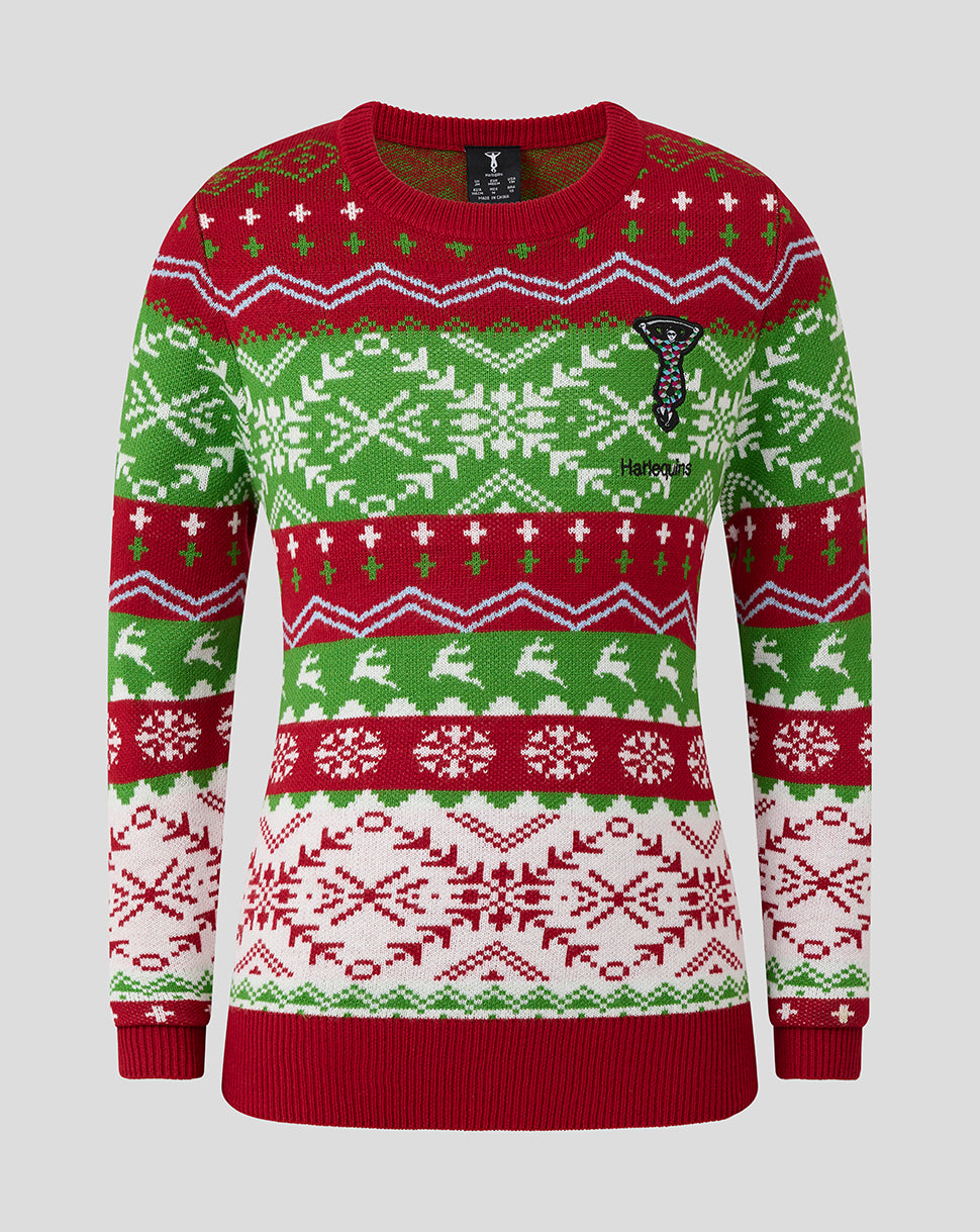 Front view of Harlequins Junior 25/26 Christmas jumper with red green and white knit pattern and chest logo