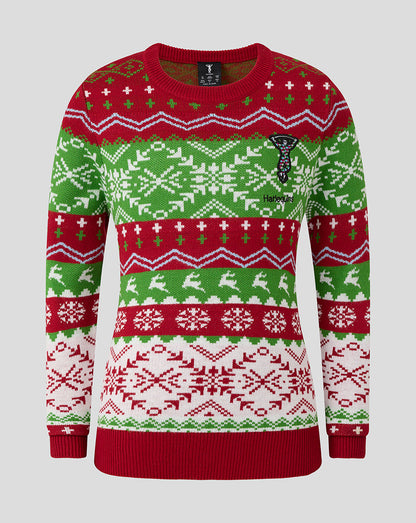 Front view of Harlequins Junior 25/26 Christmas jumper with red green and white knit pattern and chest logo