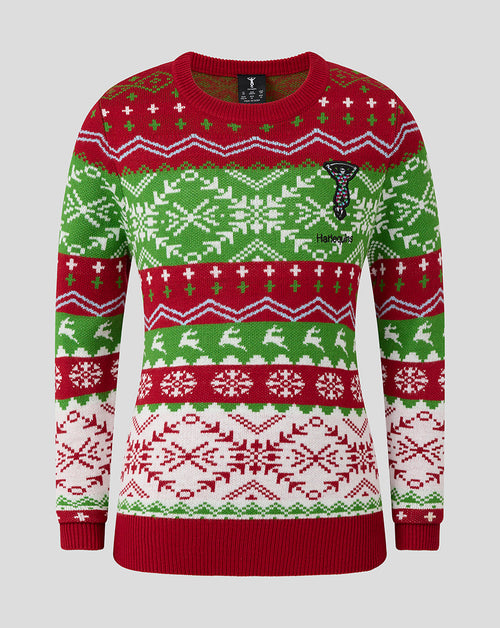 Front view of Harlequins Junior 25/26 Christmas jumper with red green and white knit pattern and chest logo