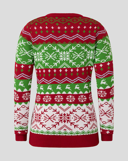 Back view of Harlequins Junior Christmas jumper featuring red green and white Nordic pattern across the shoulders