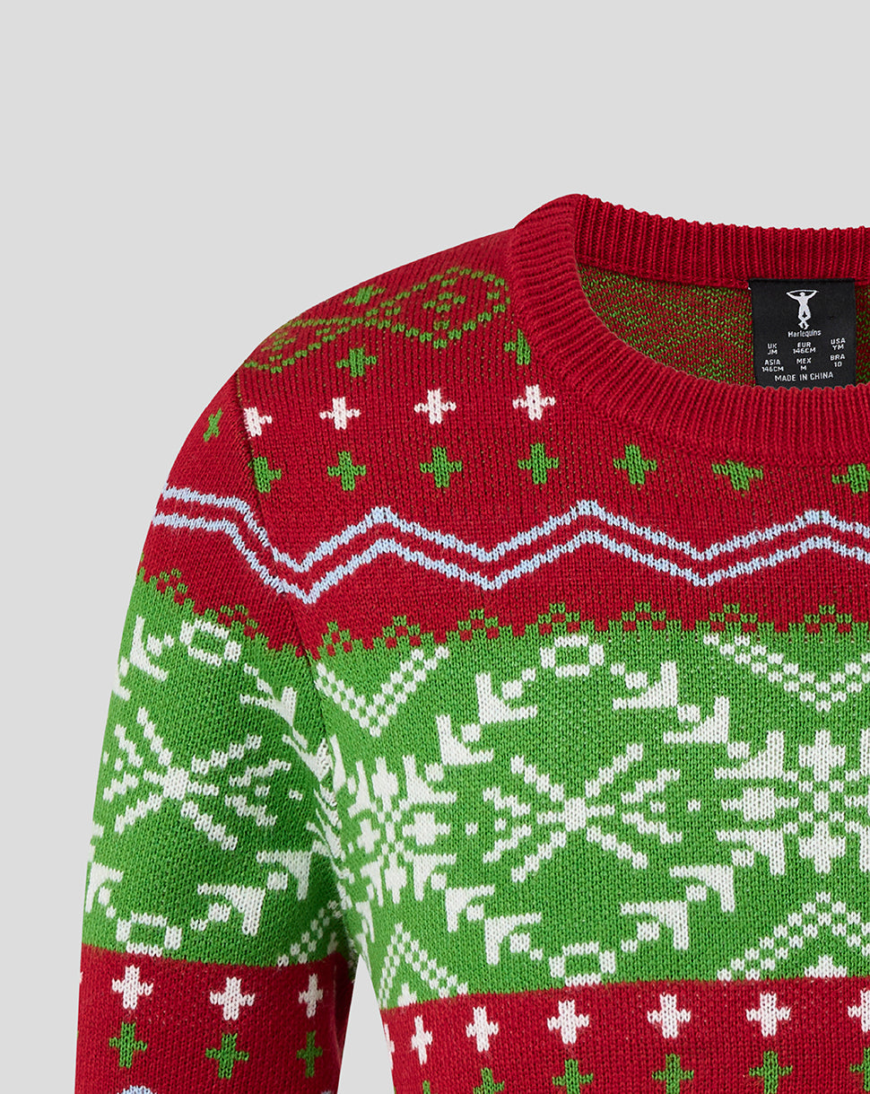Close up of neck and shoulder on Harlequins Junior 25/26 Christmas jumper showing knit texture and festive pattern