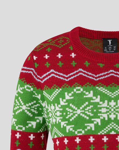 Close up of neck and shoulder on Harlequins Junior 25/26 Christmas jumper showing knit texture and festive pattern