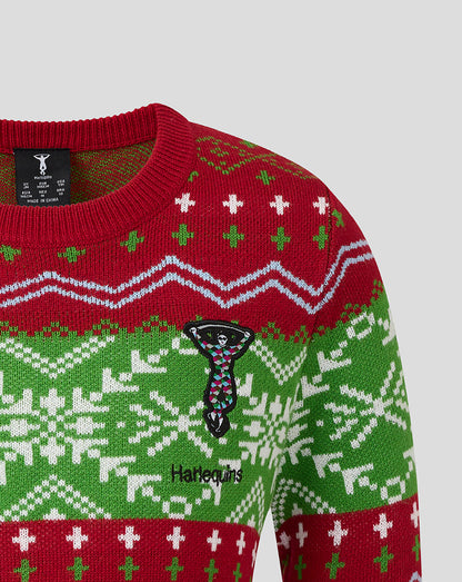 Harlequins Junior Christmas jumper in red green and white with Nordic pattern and Harlequins emblem on chest