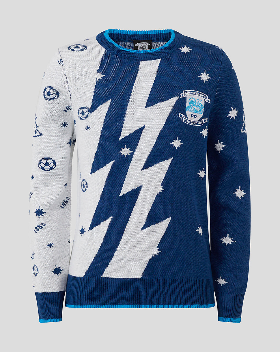 Front view of Preston North End junior Christmas jumper in blue and white with bold zigzag design and club crest