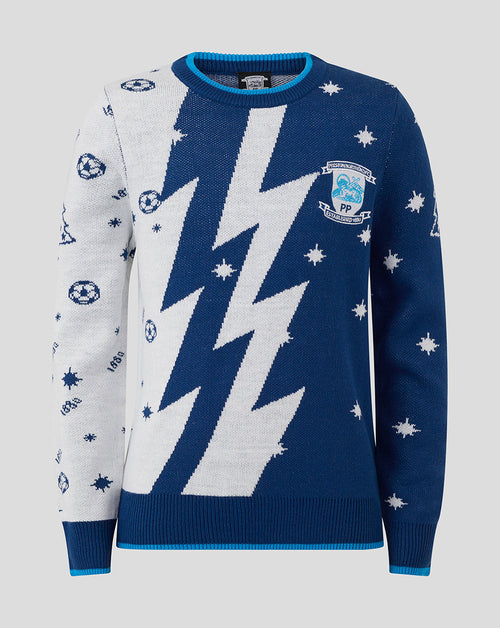 Front view of Preston North End junior Christmas jumper in blue and white with bold zigzag design and club crest