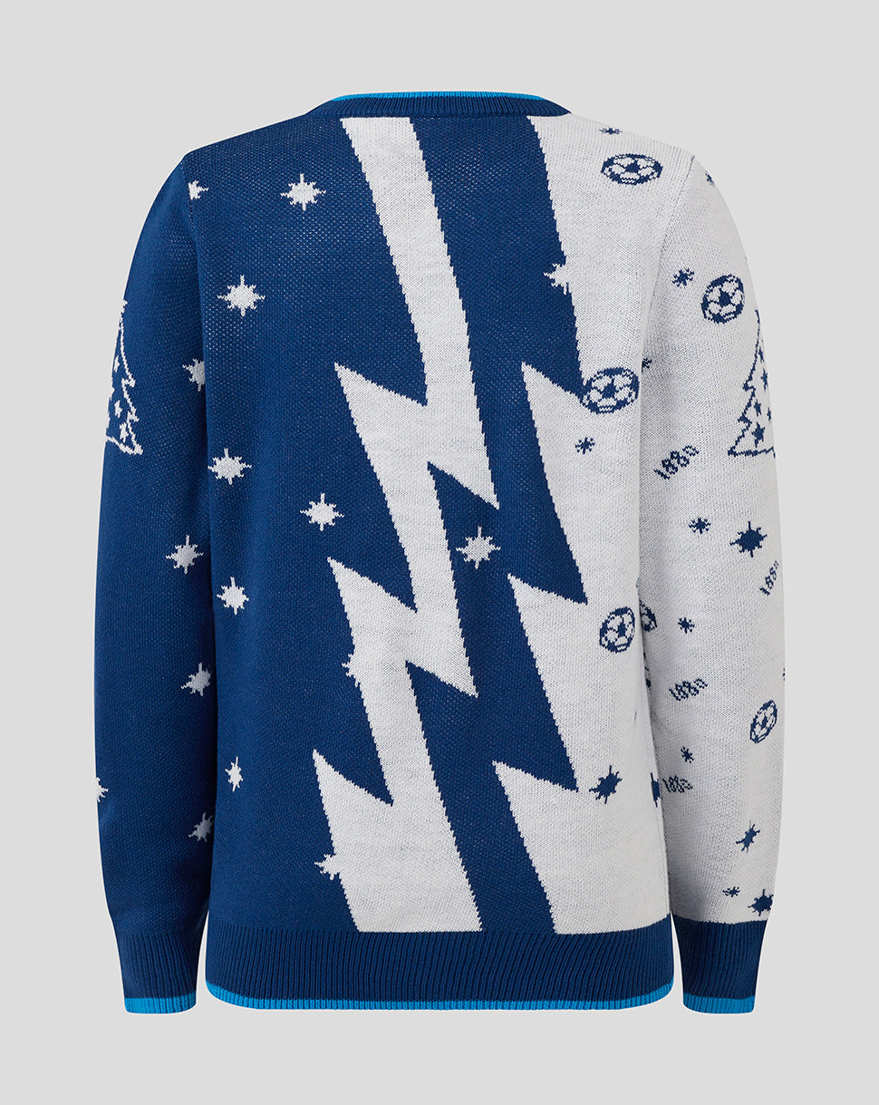 Back view of Preston North End Junior Christmas jumper with bold white zigzag across blue panel.