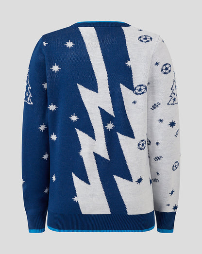 Back view of Preston North End Junior Christmas jumper with bold white zigzag across blue panel.