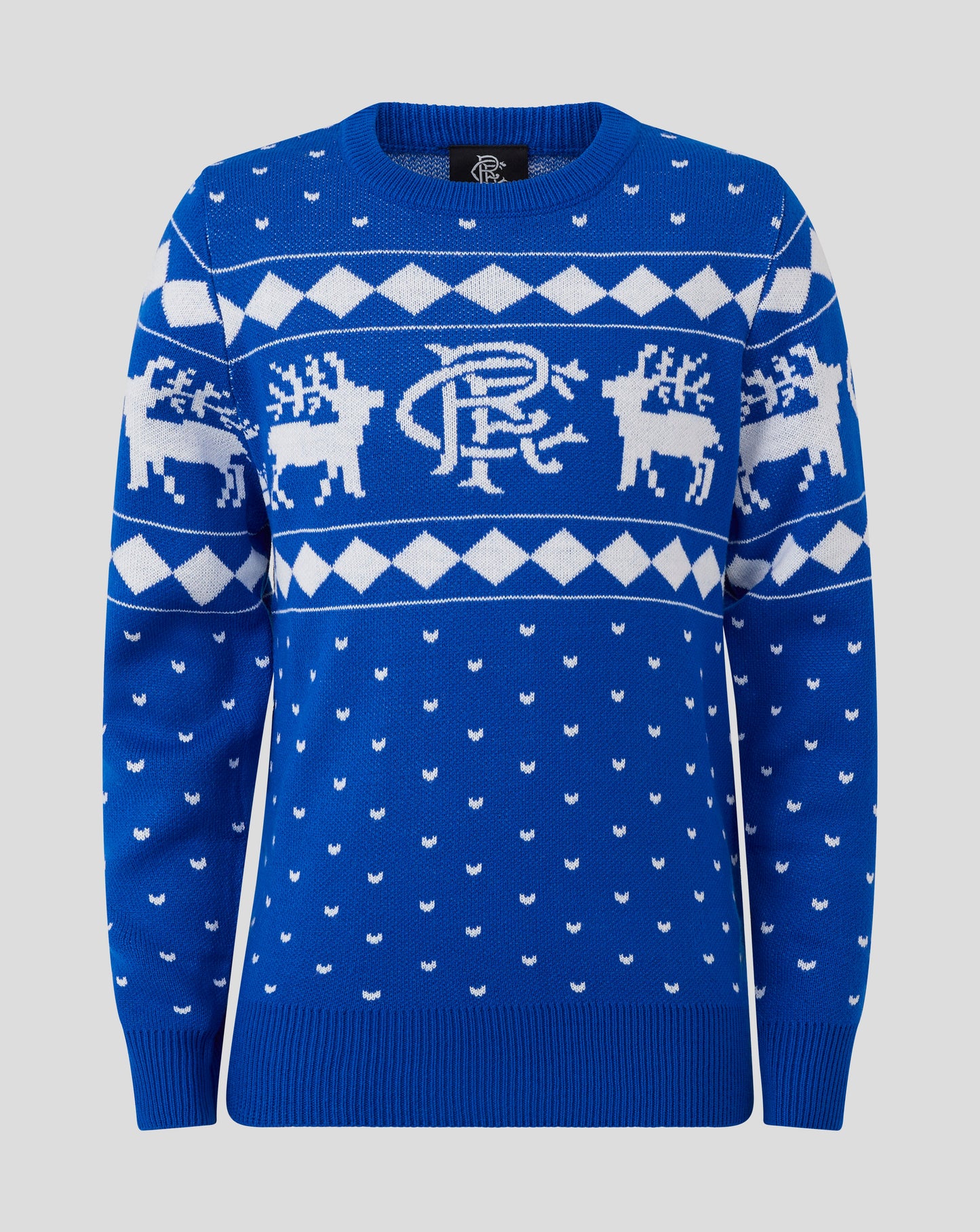 Front view of a blue Rangers Juniors Christmas jumper with white reindeer and diamond patterns.
