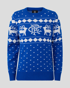 Front view of a blue Rangers Juniors Christmas jumper with white reindeer and diamond patterns.