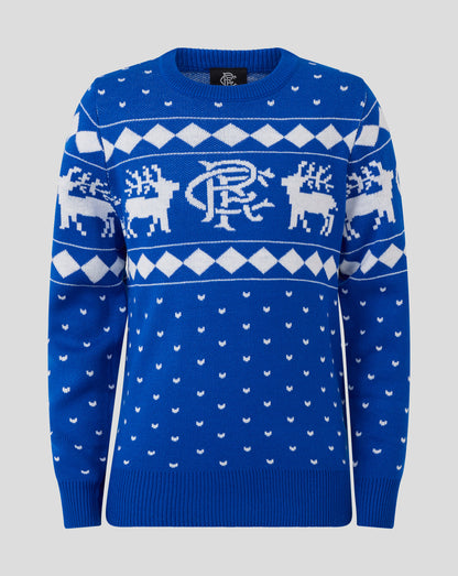 Front view of a blue Rangers Juniors Christmas jumper with white reindeer and diamond patterns.