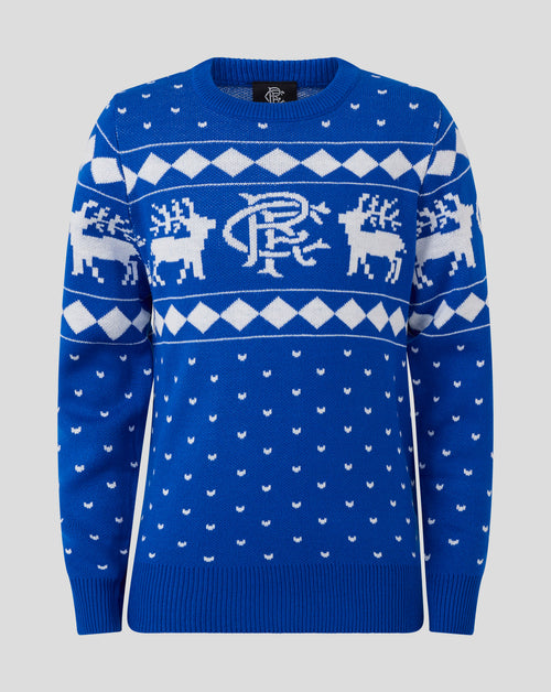 Front view of a blue Rangers Juniors Christmas jumper with white reindeer and diamond patterns.