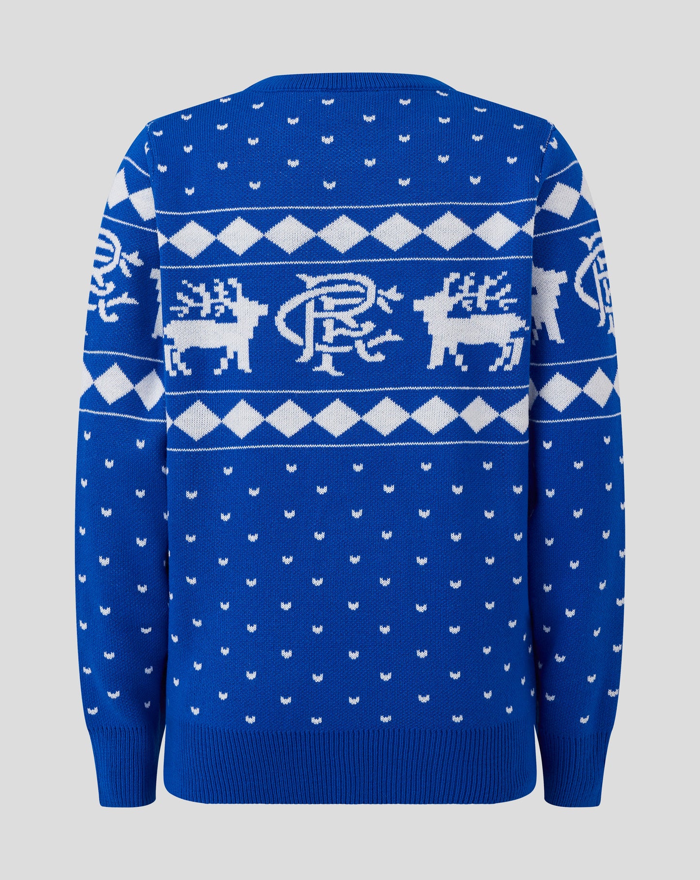 Back view of blue knitted Christmas jumper with neckline visible and repeating white diamond pattern.