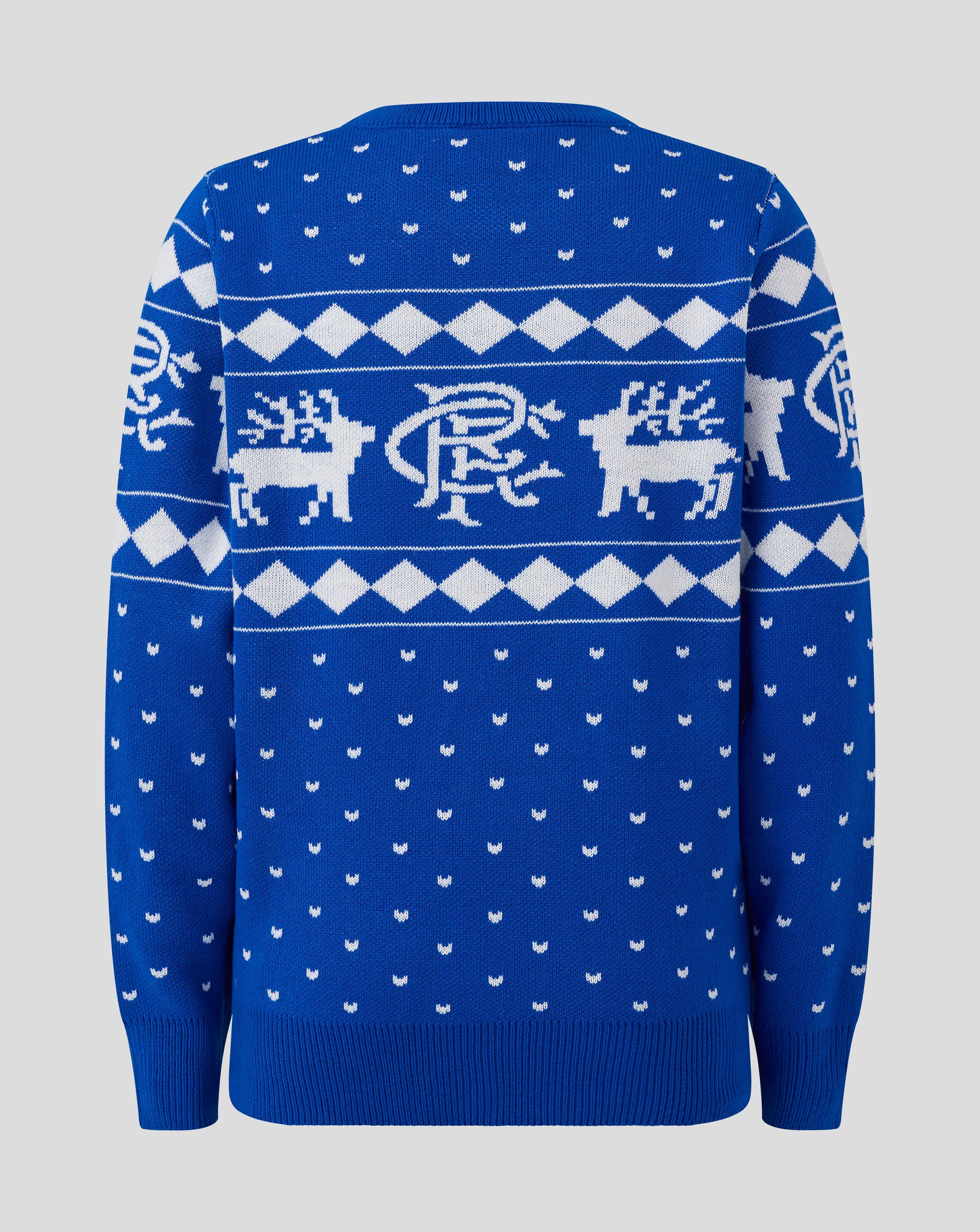 Back view of blue knitted Christmas jumper with neckline visible and repeating white diamond pattern.