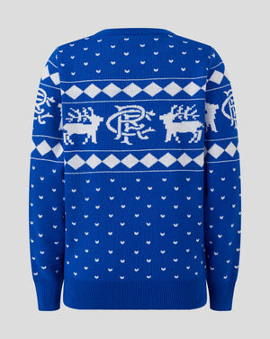Back view of blue knitted Christmas jumper with neckline visible and repeating white diamond pattern.
