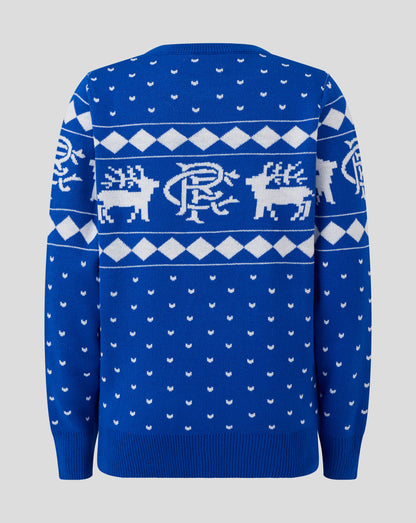 Back view of blue knitted Christmas jumper with neckline visible and repeating white diamond pattern.