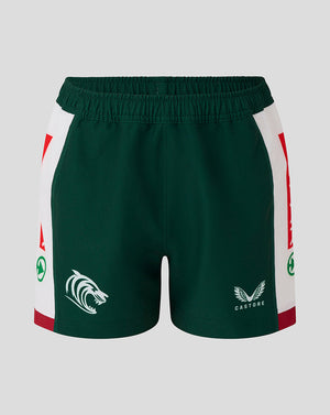 Front view of Leicester Tigers junior 25/26 Pro Home Short in dark green with white side panels and tiger crest