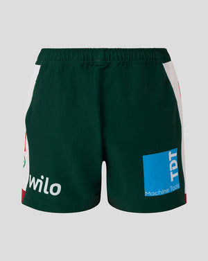 Side view of green Leicester Tigers junior 25/26 Pro Home Short with white side panel and SPAR sponsor logo