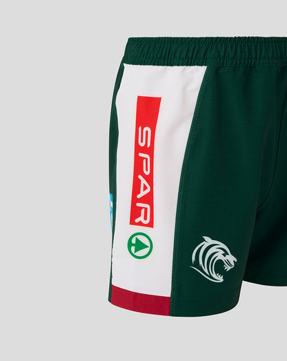 Side view of green Leicester Tigers junior 25/26 Pro Home Short showing white panel and sponsor logos along the leg