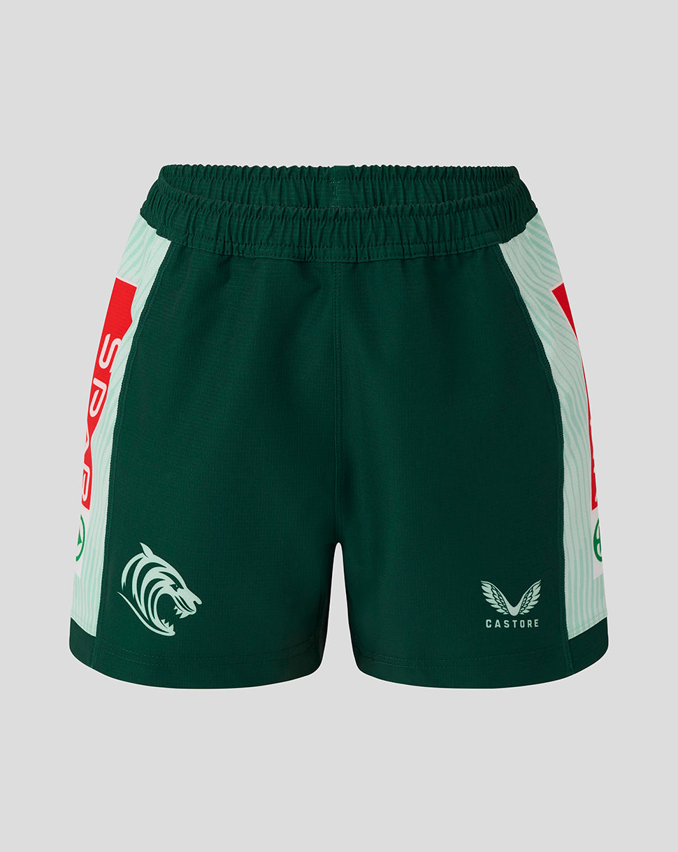 Dark green Leicester Tigers Junior 25/26 Pro Away shorts with mint side panels and Castore crest