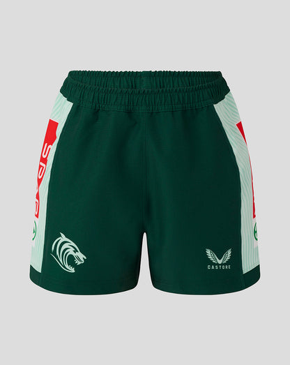 Dark green Leicester Tigers Junior 25/26 Pro Away shorts with mint side panels and Castore crest