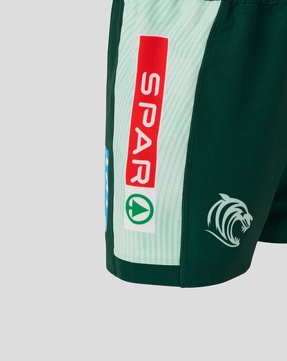 Leicester Tigers junior 25/26 Pro Away short close up showing SPAR red vertical logo on mint stripe and tiger emblem