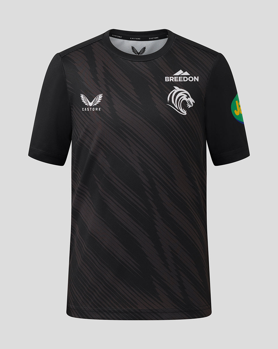 Junior black Leicester Tigers 25/26 warm up T shirt with tiger crest and sponsor logos