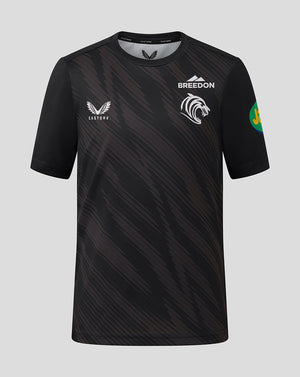Junior black Leicester Tigers 25/26 warm up T shirt with tiger crest and sponsor logos