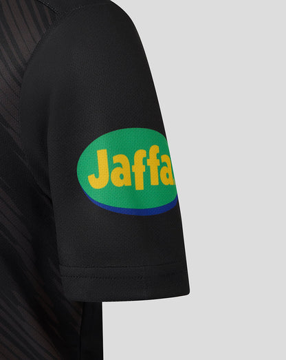Left sleeve of black Leicester Tigers warm up shirt with Jaffa sponsor patch and subtle diagonal pattern on the body.