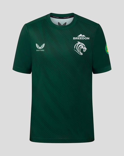 Leicester Tigers junior dark green warm up T shirt front view with tiger crest and sponsor logos