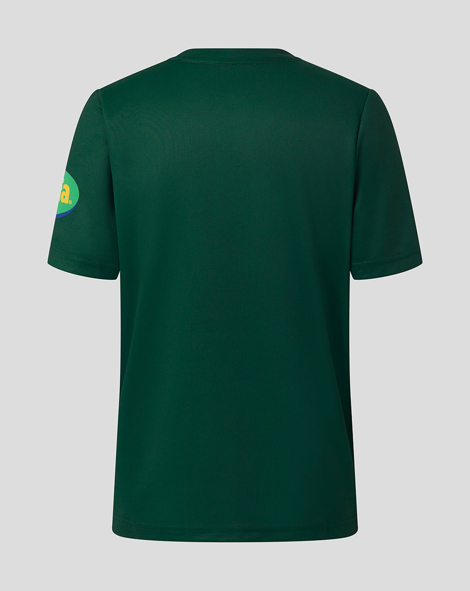 Back view of a dark green Leicester Tigers junior warm up T-shirt