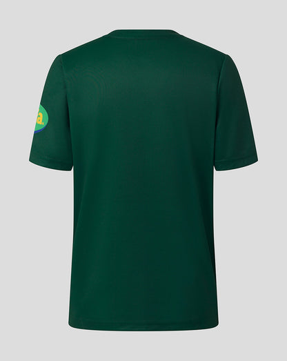 Back view of a dark green Leicester Tigers junior warm up T-shirt
