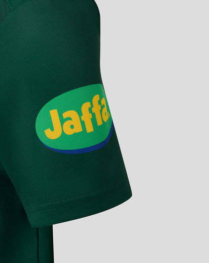 Dark green junior Leicester Tigers warm up T-shirt sleeve featuring a Jaffa logo patch in green and yellow