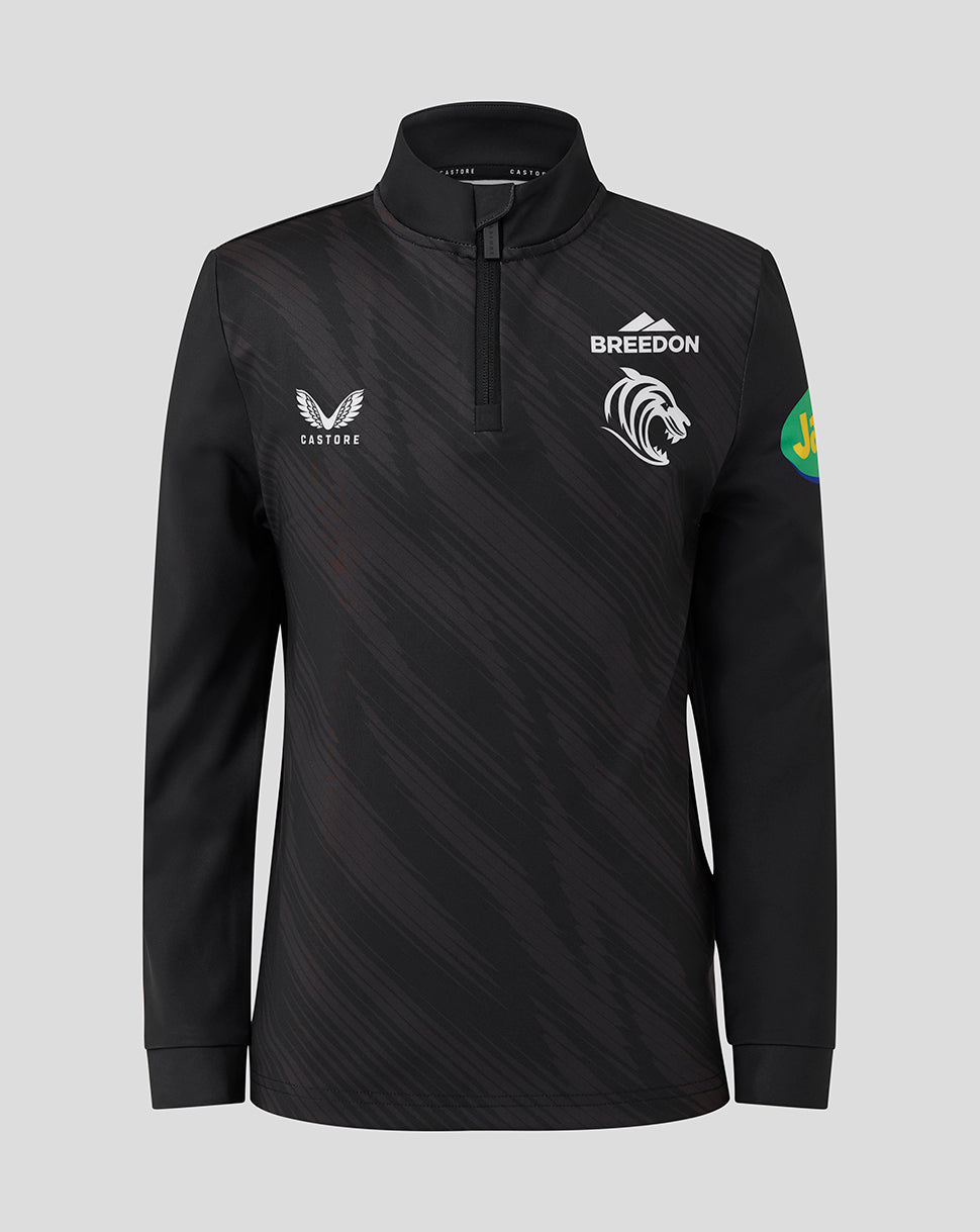 Front view of black Leicester Tigers Junior training quarter zip with tiger crest and Breedon and Castore branding