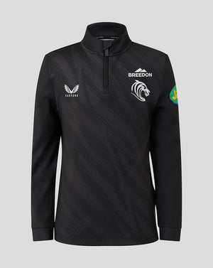 Front view of black Leicester Tigers Junior training quarter zip with tiger crest and Breedon and Castore branding