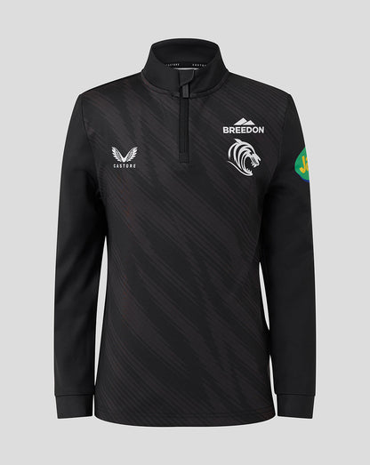 Front view of black Leicester Tigers Junior training quarter zip with tiger crest and Breedon and Castore branding