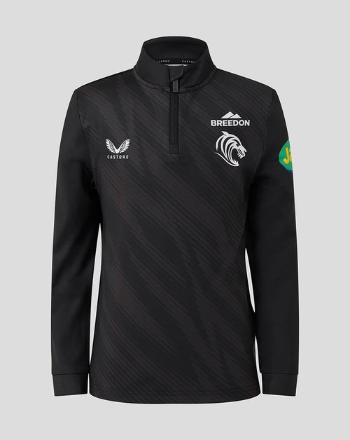 Front view of black Leicester Tigers Junior training quarter zip with tiger crest and Breedon and Castore branding